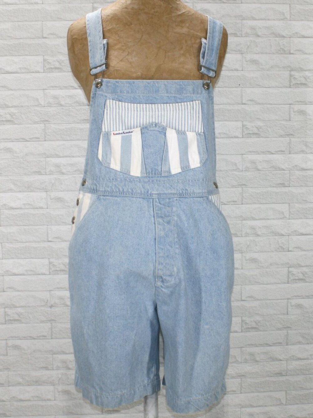 VINTAGE LONDON LONDON Short Overalls Denim Blue Jeans 90's Stripe Faded Large